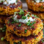 Golden Sweet Potato Cakes with Sun-Dried Tomato Feta Cream & Sriracha Honey