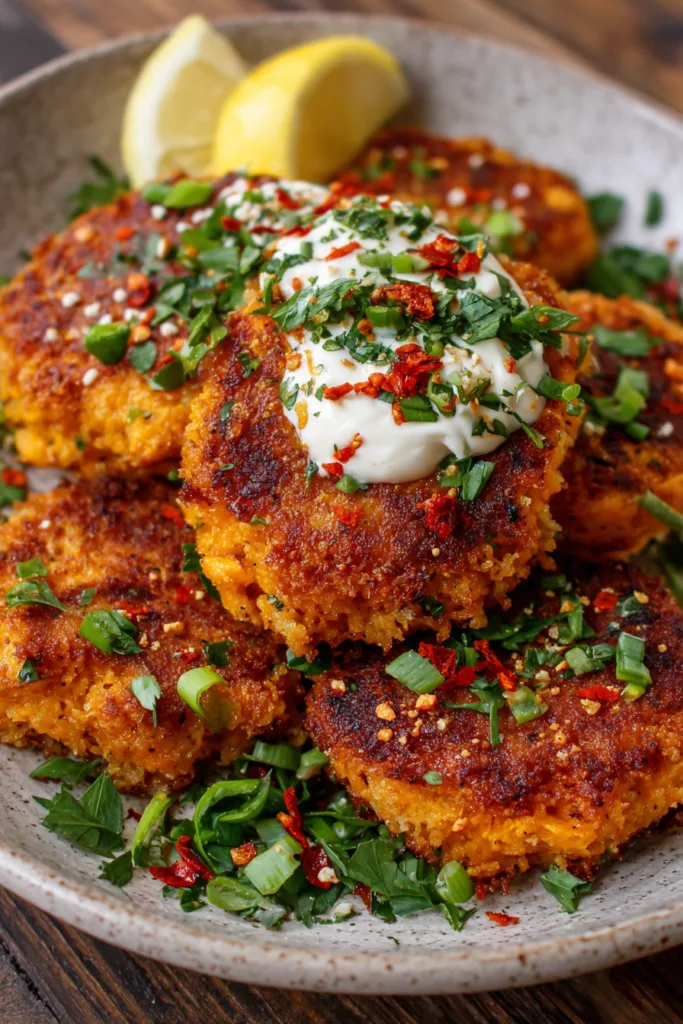 Golden Sweet Potato Cakes with Sun-Dried Tomato Feta Cream & Sriracha Honey 8 Golden Sweet Potato Cakes with Sun-Dried Tomato Feta Cream & Sriracha Honey