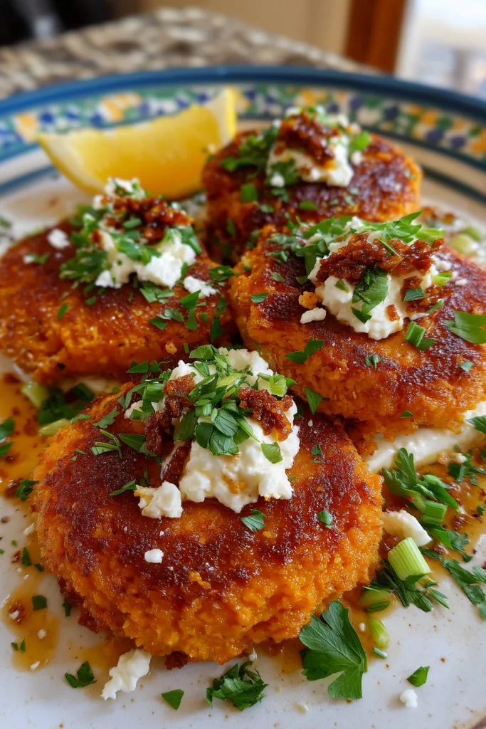 Golden Sweet Potato Cakes with Sun-Dried Tomato Feta Cream & Sriracha Honey