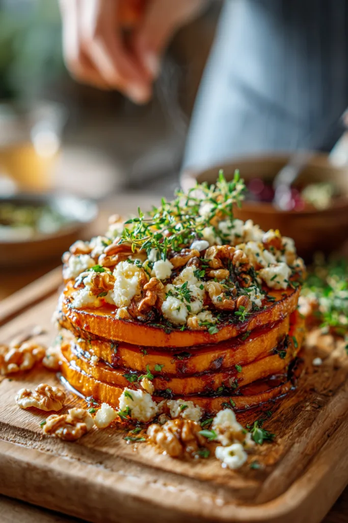 Layered Sweet Potato Lasagna Stack with Herbed Feta, Walnuts & Cranberry Honey Glaze