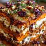 Layered Sweet Potato Lasagna Stack with Herbed Feta, Walnuts & Cranberry Honey Glaze