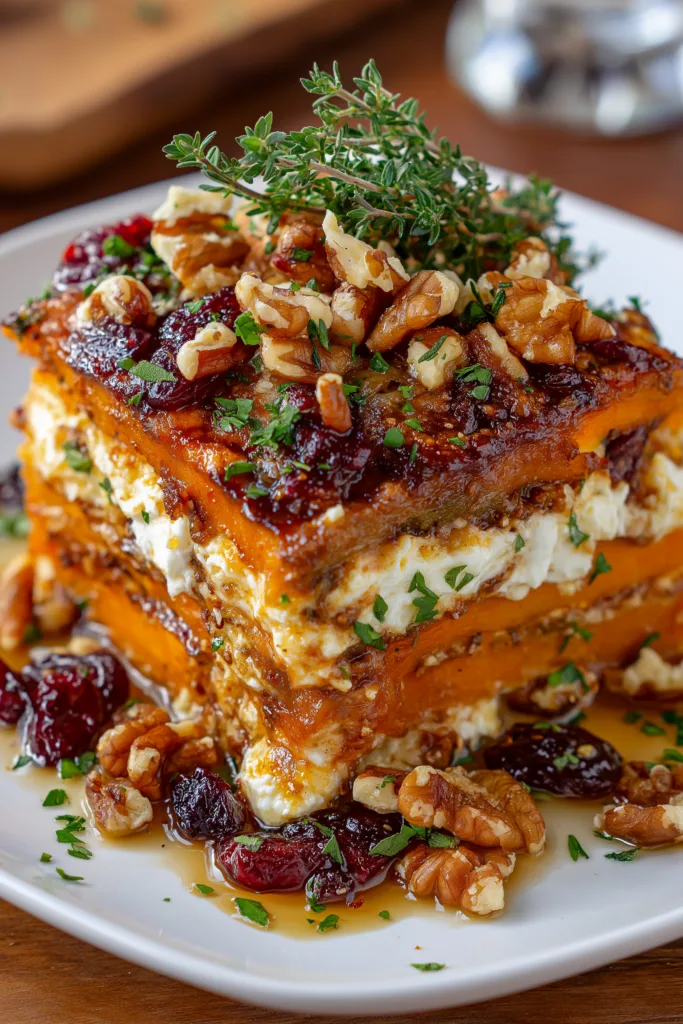 Layered Sweet Potato Lasagna Stack with Herbed Feta, Walnuts & Cranberry Honey Glaze