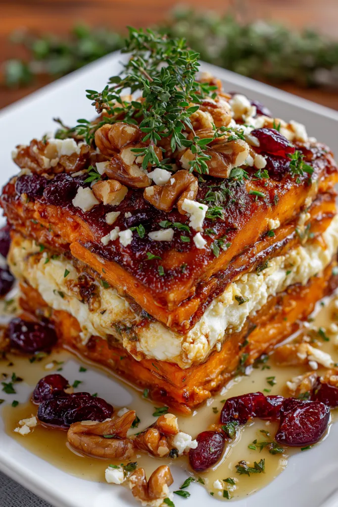 Layered Sweet Potato Lasagna Stack with Herbed Feta, Walnuts & Cranberry Honey Glaze
