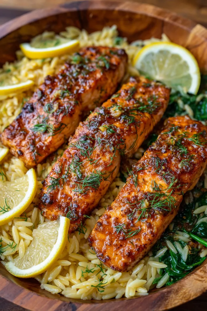 Lemon Dill Orzo with Honey Glazed Salmon