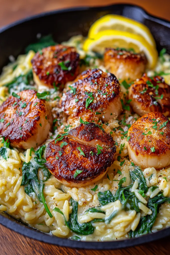 Lemon Garlic Butter Scallops with Creamy Orzo