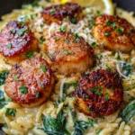 Lemon Garlic Butter Scallops with Creamy Orzo