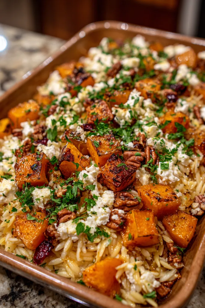 Roasted Butternut Apple Orzo with Goat Cheese
