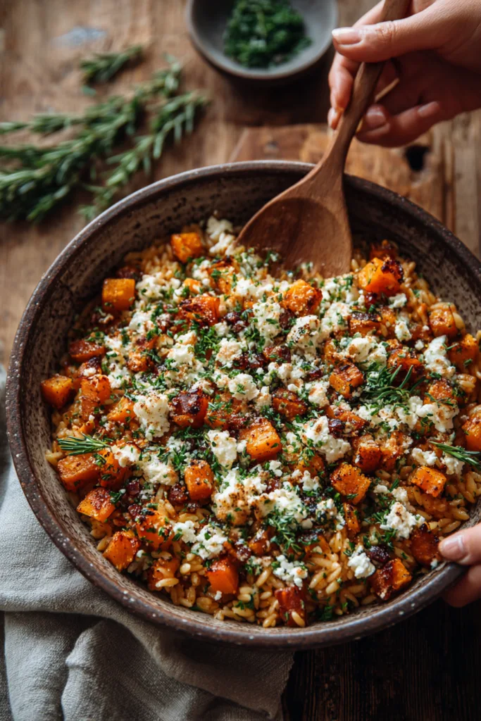 Roasted Butternut Apple Orzo with Goat Cheese