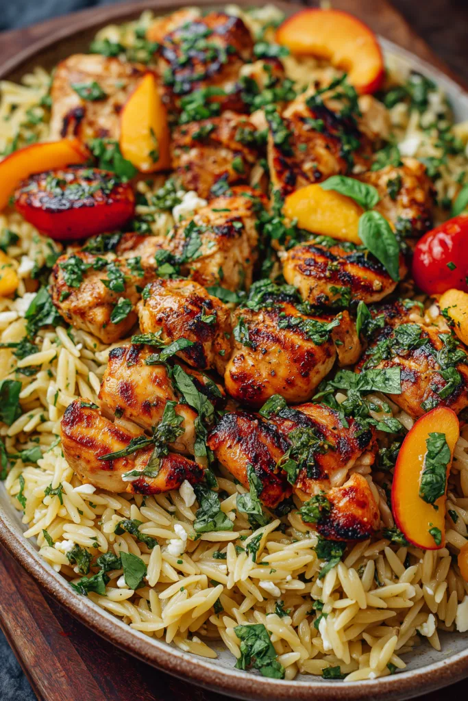 Roasted Peach & Chicken Orzo with Herb Drizzle is a sweet, savory Mediterranean dinner with juicy chicken, roasted peaches, feta, and fresh herbs.