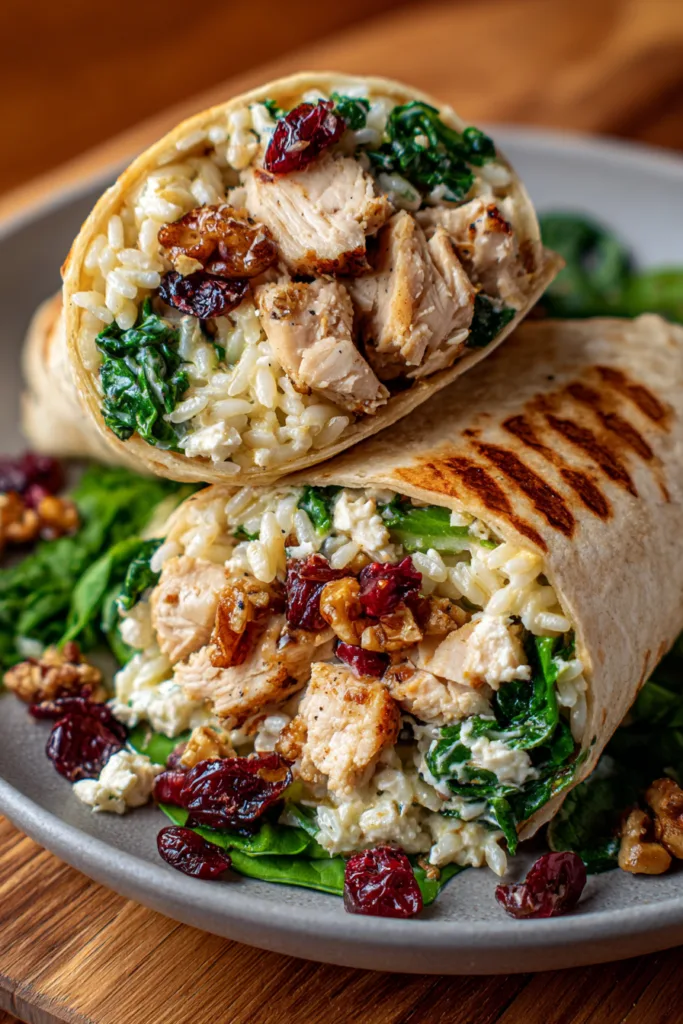 Spinach, Feta & Cranberry Chicken Orzo Wraps