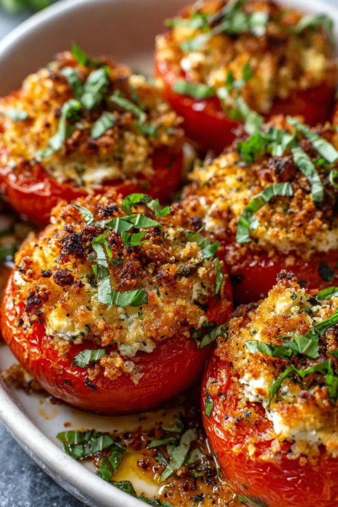 Baked Feta-Stuffed Tomatoes with Crispy Garlic Breadcrumbs & Basil