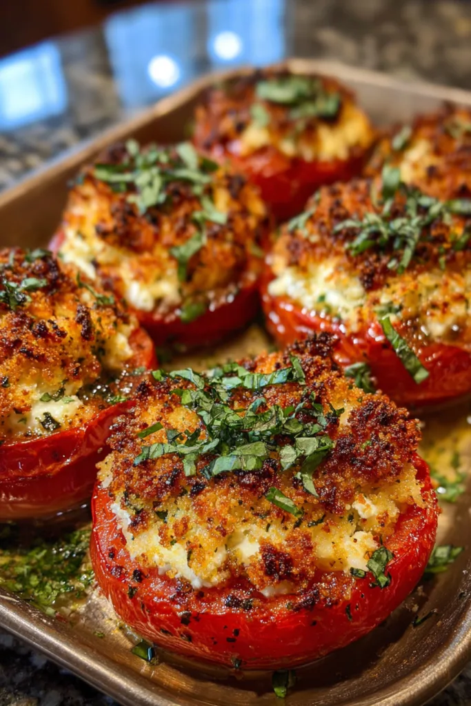 Baked Feta-Stuffed Tomatoes with Crispy Garlic Breadcrumbs & Basil
