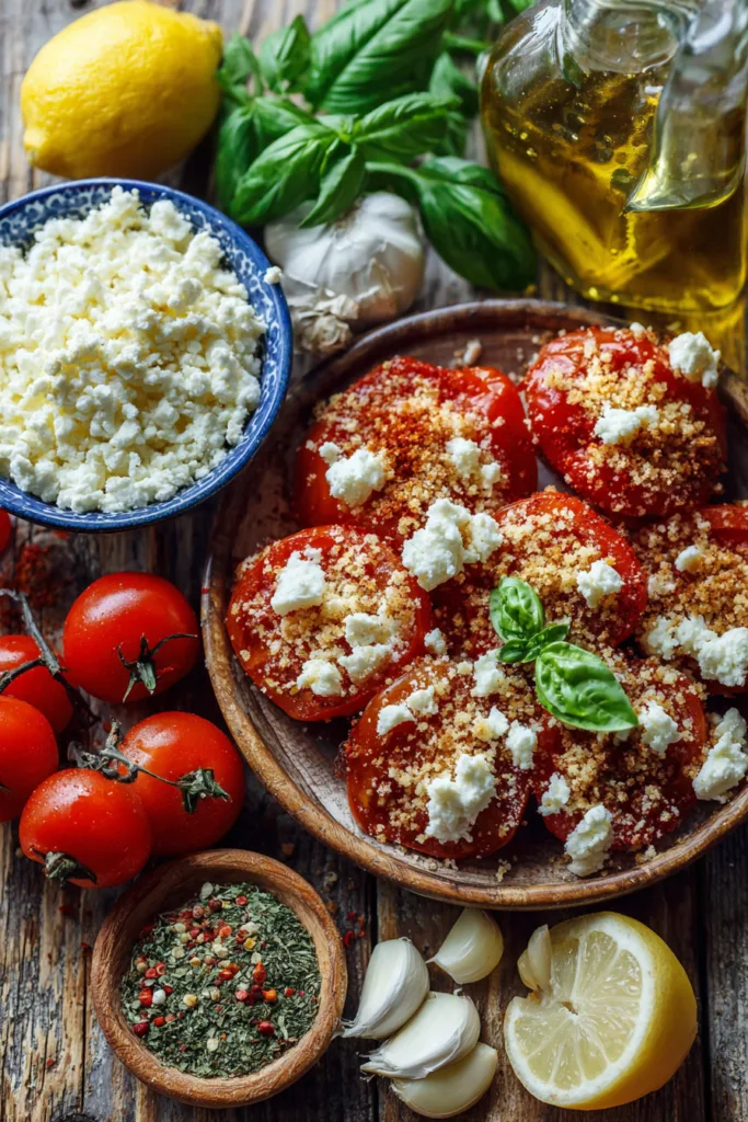 Baked Feta-Stuffed Tomatoes with Crispy Garlic Breadcrumbs & Basil