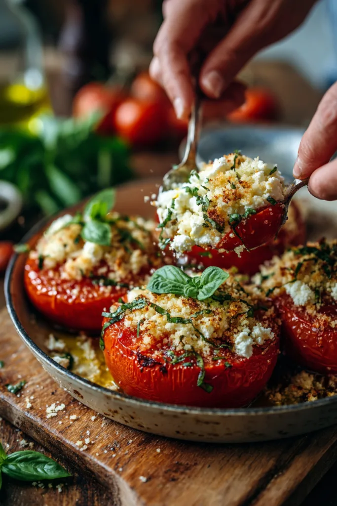 Baked Feta-Stuffed Tomatoes with Crispy Garlic Breadcrumbs & Basil